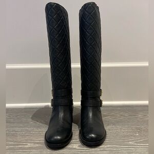 NWOT Kate Spade Sutton Quilted Riding Pull On Boots. Black/gold buckles 6 1/2